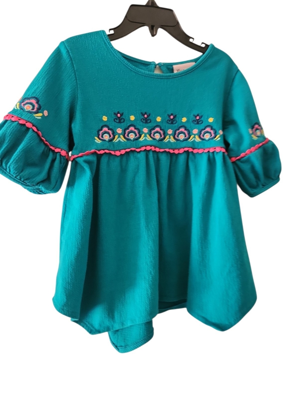 Little Lass Emproidered Boho Top Size 4T Teal Peasant Puff Sleeves Pullover